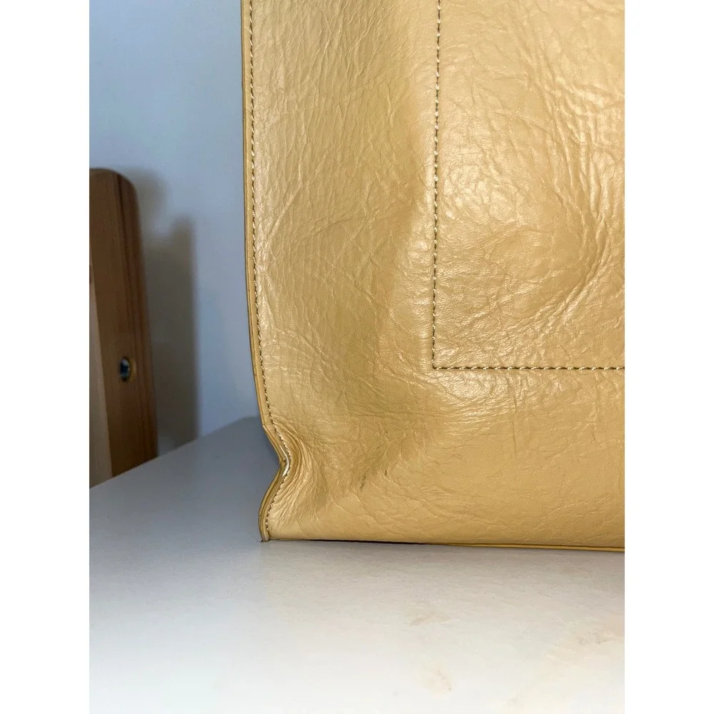 PIXIE MOOD Alicia Tote Bag Vegan Leather Geometric V Cut Soft Yellow Drop Handle